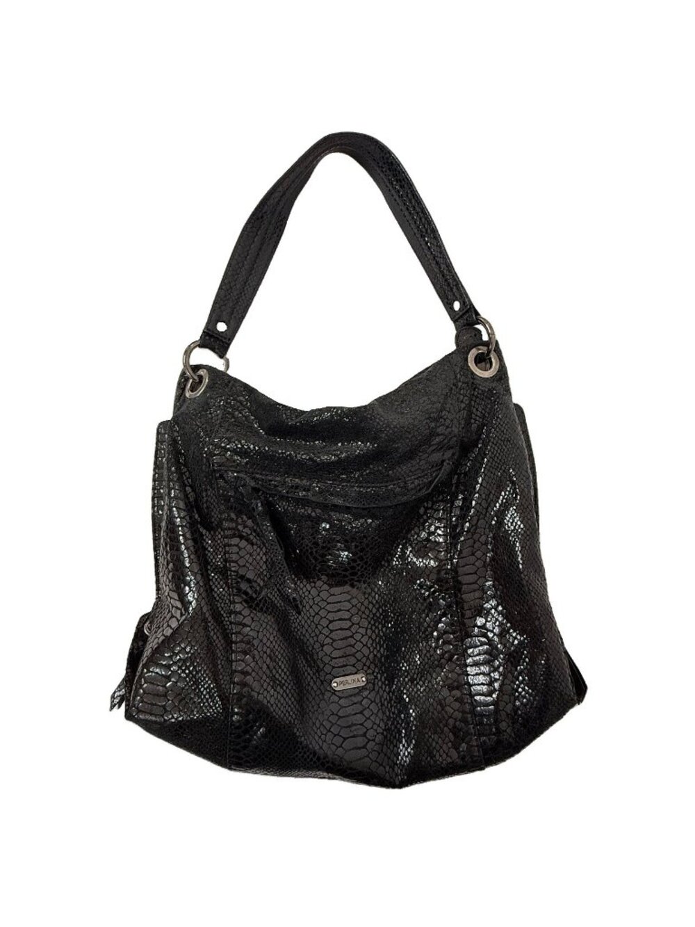 Womens Perlina Black Python Print Leather Sheen Hobo Tote Shoulder Handbag
